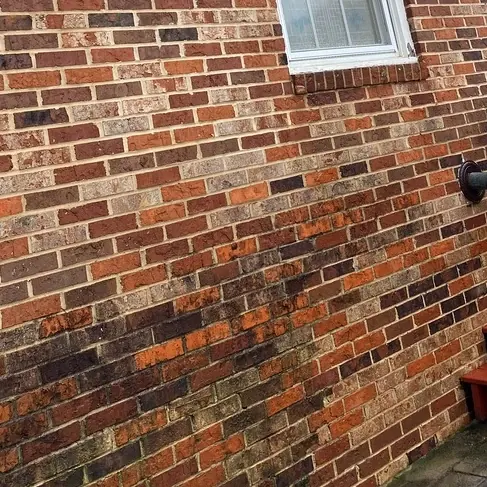 Brick wall on an Augusta home before soft washing, with dark mildew staining along the lower courses