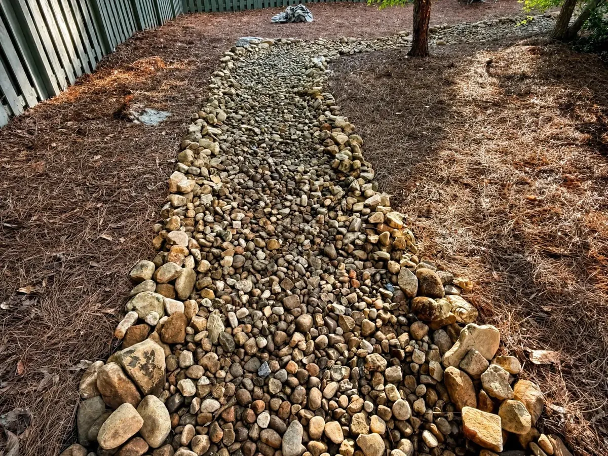 Finished river rock drainage bed running through a pine straw backyard in Augusta