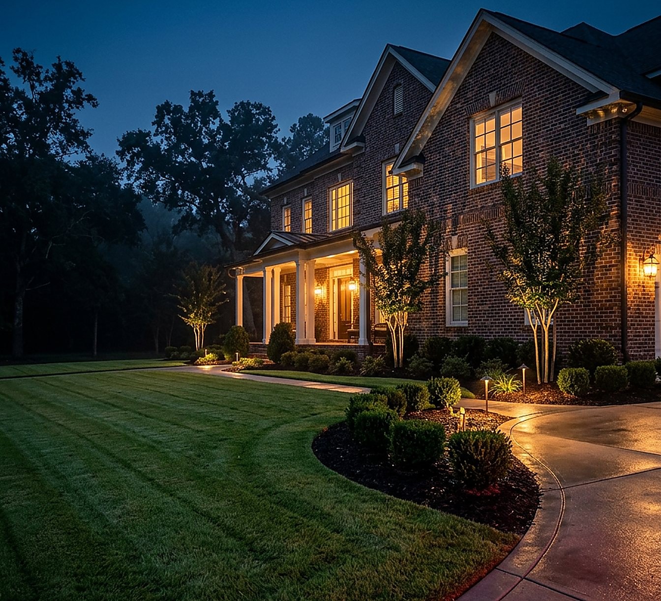 Brick home with a freshly striped lawn and lit landscaping at dusk